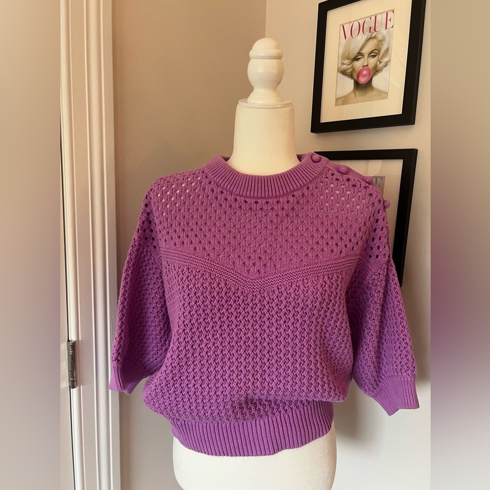 J. Crew Women's Purple Crew Neck short sleeve crochet Sweater
